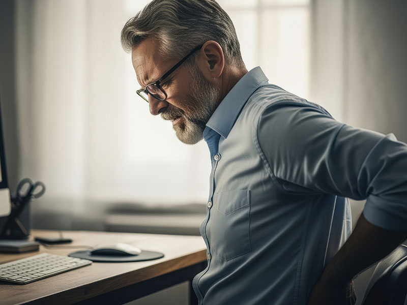 A man sits on a chair and holds his lower back in pain