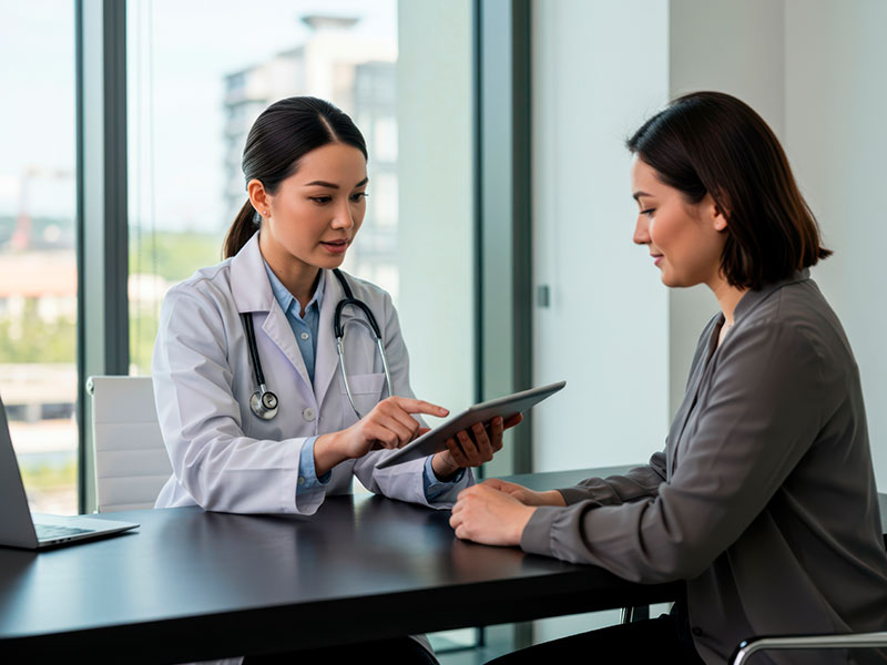 A doctor and a girl with diabetes discuss a new drug CagriSema