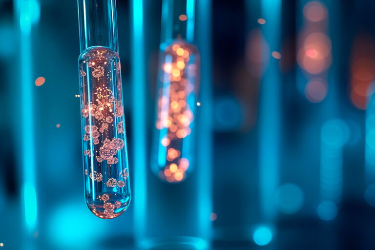 Test tubes with glowing particles suspended in liquid. Modern tech lab scene.