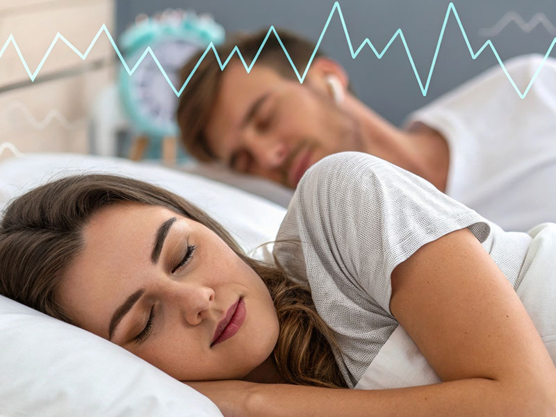 Closeup of a peaceful sleeping person contrasted with someone awake struggling in bed. A visual meter indicating fluctuating sugar levels tied to sleepless nights.