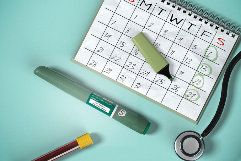 A calendar with marked days of the week is on the table.