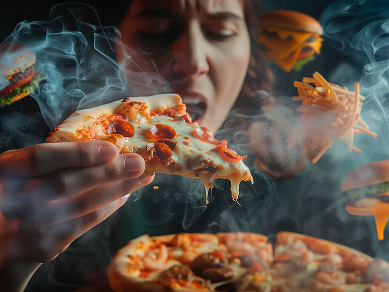 Person Enjoying Burger Amidst Ghostly Figures of Poor Dietary Habits