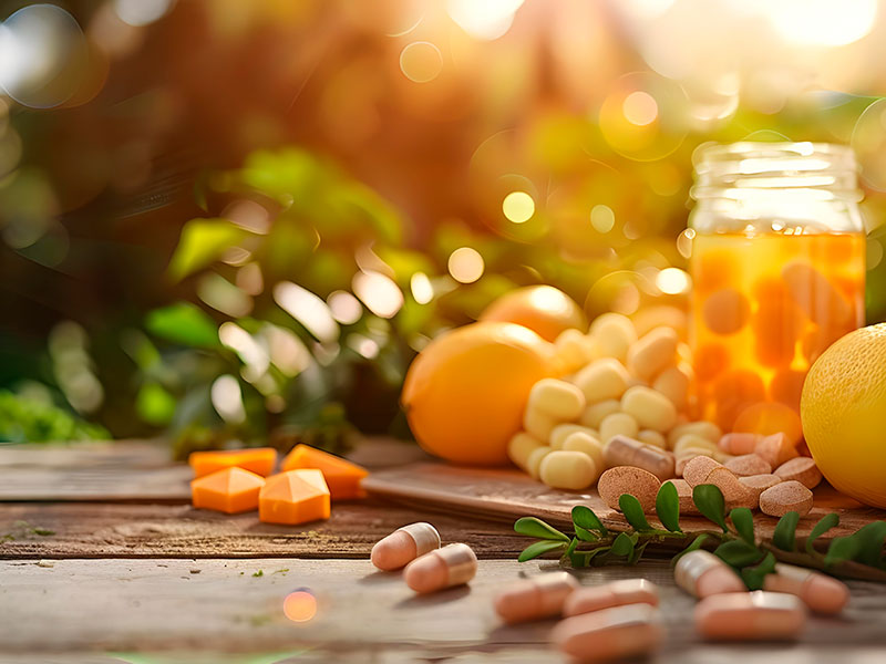 Dietary supplements and fruits are on the table, illuminated by the sun