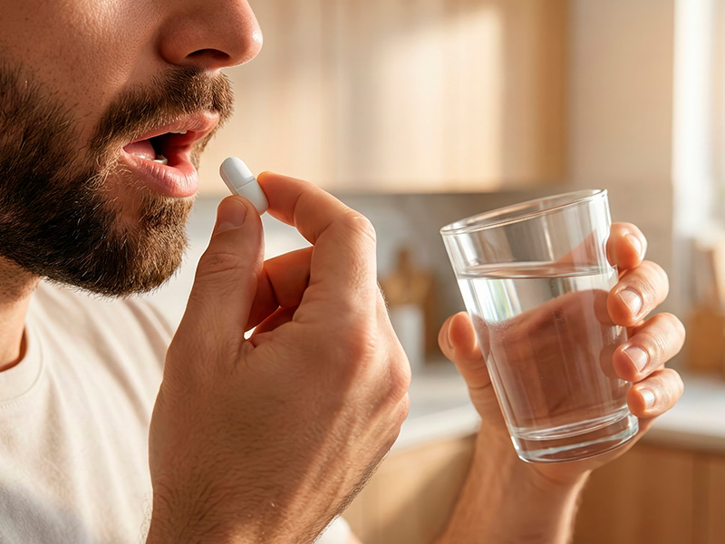 The man holds a stool in one hand and a glass of water in the other.