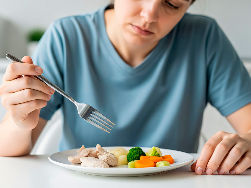The girl is sitting with a fork in her hands and is about to eat