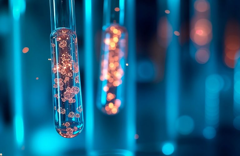 Test tubes with glowing particles suspended in liquid. Modern tech lab scene.