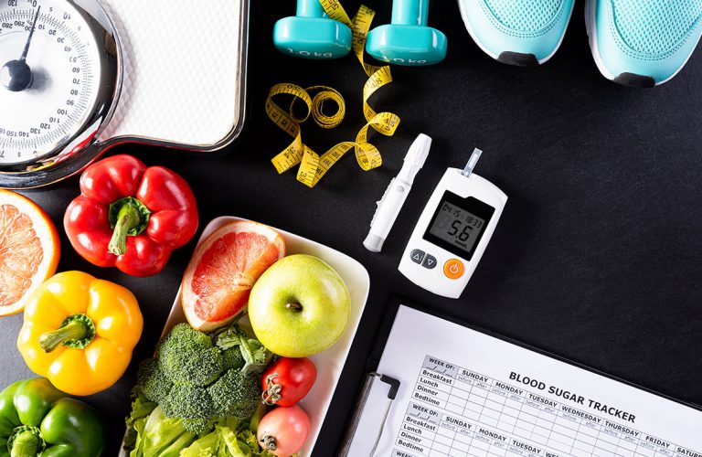 healthy lifestyle, fruits and vegetables, sports paraphernalia, blood sugar measurement