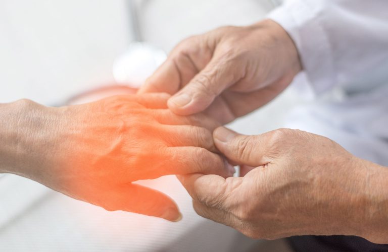 Peripheral Neuropathy concept. Doctor neurologist checkup old patient for symptoms of numbness, prickling or tingling in hands